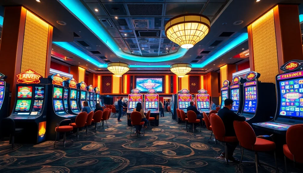 Bermain di mesin slot mewah luxury138 slot dengan suasana kasino yang elegan dan lampu berwarna-warni.