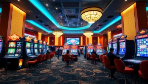 Bermain di mesin slot mewah luxury138 slot dengan suasana kasino yang elegan dan lampu berwarna-warni.