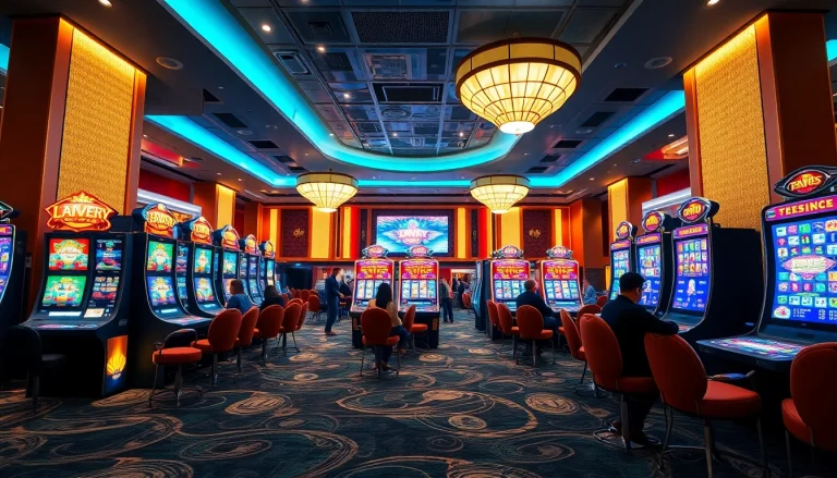 Bermain di mesin slot mewah luxury138 slot dengan suasana kasino yang elegan dan lampu berwarna-warni.