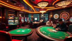 Players enjoying poker at an upscale casino, highlighting thrilling moments at https://xx88.bar/.