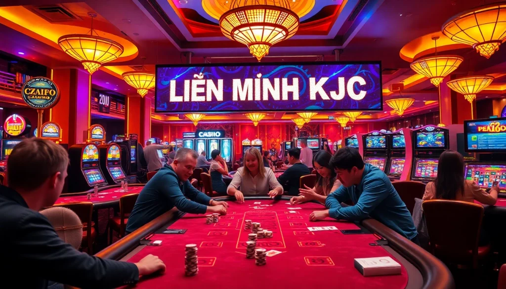 Feel the excitement of the LIÊN MINH KJC casino night with players at tables and vibrant slot machines.