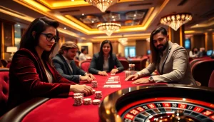 Hi88 players engage in an intense poker game, showcasing strategic moves and luxury casino ambiance.