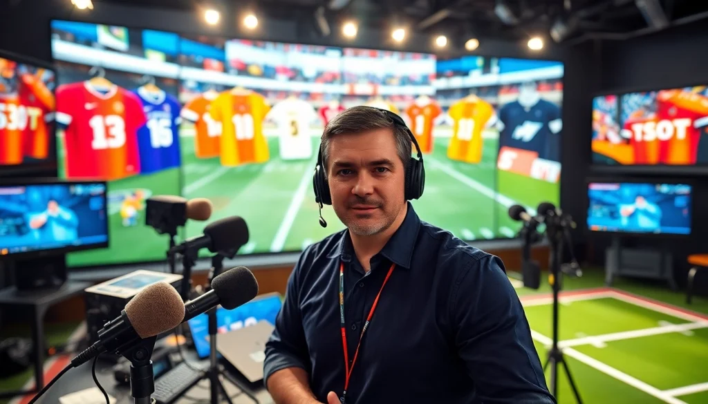 스포츠중계 중계를 하고 있는 전문 방송인이 카메라를 응시하고 있는 모습