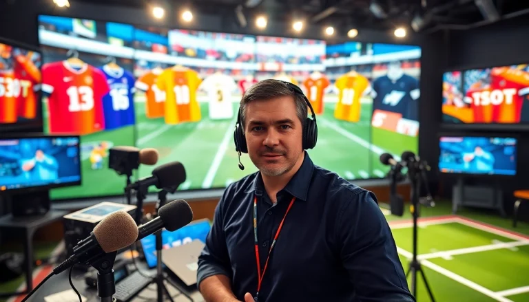 스포츠중계 중계를 하고 있는 전문 방송인이 카메라를 응시하고 있는 모습