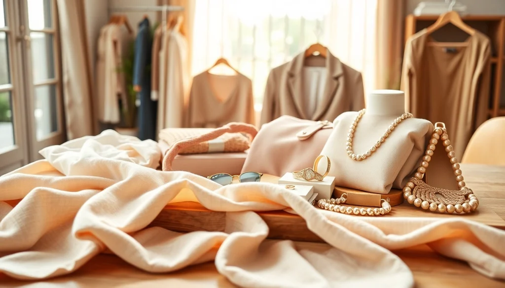 Foto ecommerce di abbigliamento e accessori disposti elegantemente su un tavolo in legno.