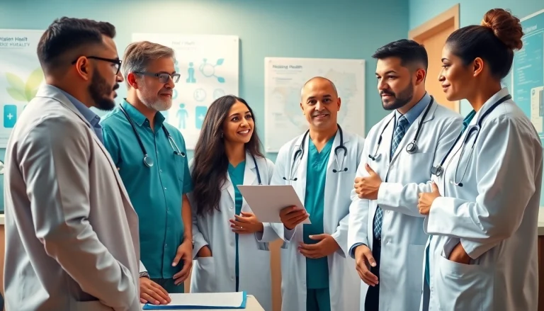 Engaging teamwork among experts in health care discussing patient issues and advancing health solutions.