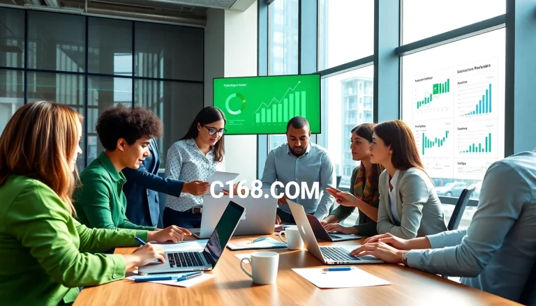 C168.COM marketing team collaborating on digital strategies in a vibrant workspace.