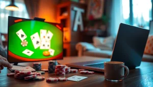 Permainan poker online yang menarik dengan kartu dan chip, memperlihatkan suasana kompetitif.