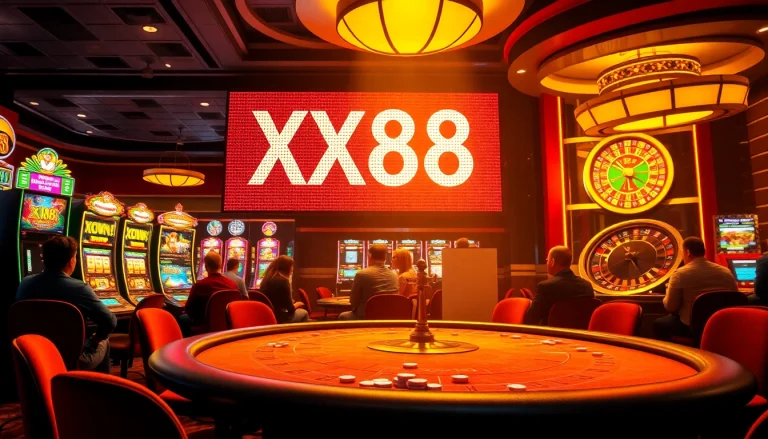 Experience the excitement of XX88 with players at a bustling casino table, vibrant slot machines, and a spinning roulette wheel.
