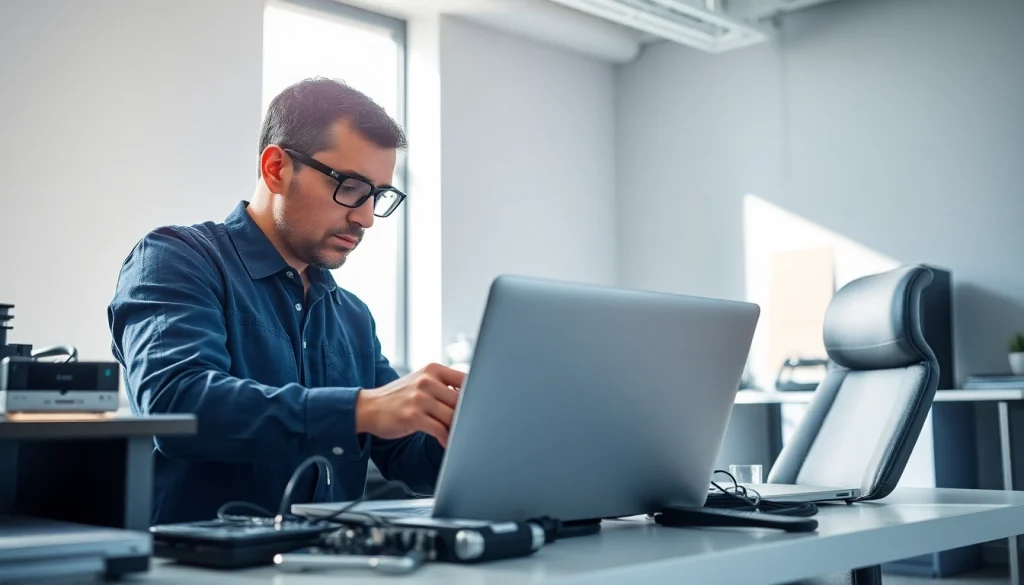 Technician offering computer services while diagnosing a laptop in a professional setting.