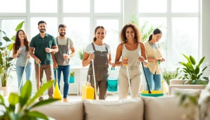 Cleaning Service team working in a bright living room to create a clean environment.