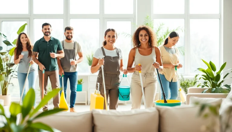 Cleaning Service team working in a bright living room to create a clean environment.
