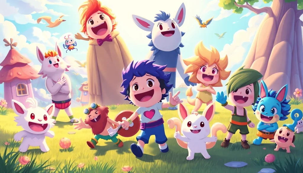 Explore Yono games characters in a colorful fantasy landscape filled with adventure and joy.