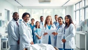 Health care team demonstrating compassion and professionalism in a bright hospital setting.