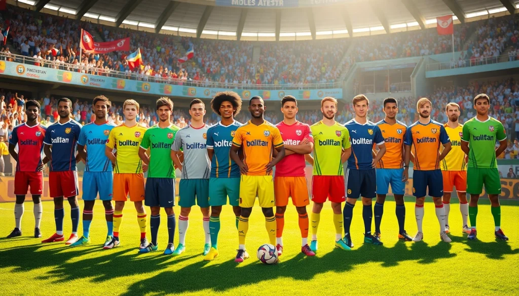 Showcasing diverse athletes in dynamic team football kits performing on a sunny pitch.