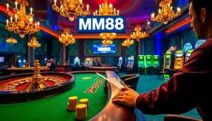MM88 casino players engrossed in a thrilling poker game at a luxurious table.