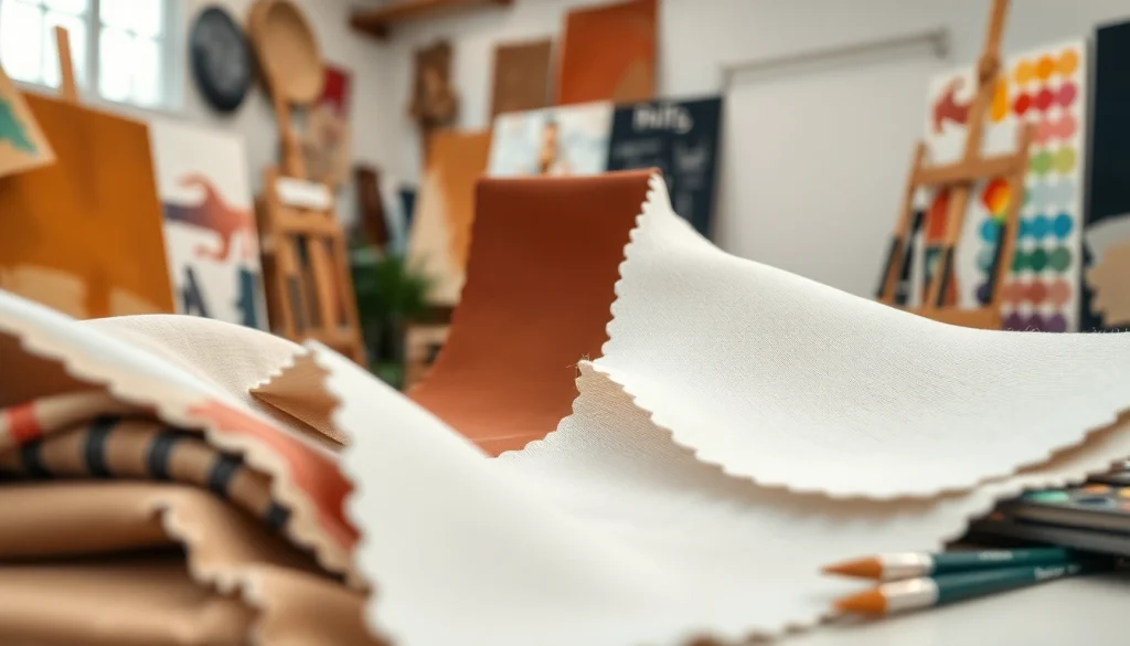 Canvas stoffen zorgvuldig gepresenteerd in een creatieve werkruimte.