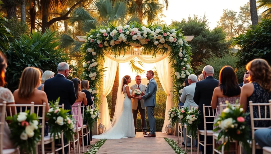 Tampa Garden Club wedding scene featuring a couple exchanging vows surrounded by lush greenery and floral decor.