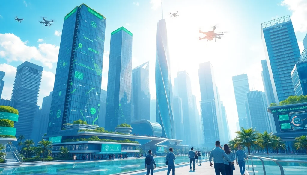 Showcasing the integration of Technology in a vibrant, futuristic cityscape with green innovations.