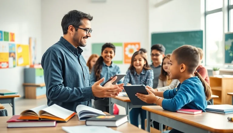 Engaging Education scene showing students in a modern classroom learning actively.