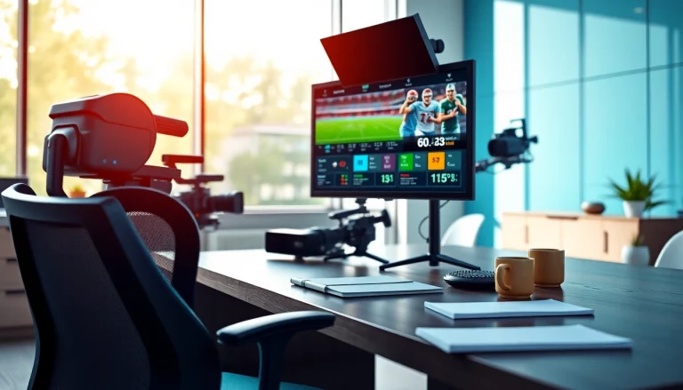 스포츠중계 화면을 전시한 현대적인 스포츠 방송 설정