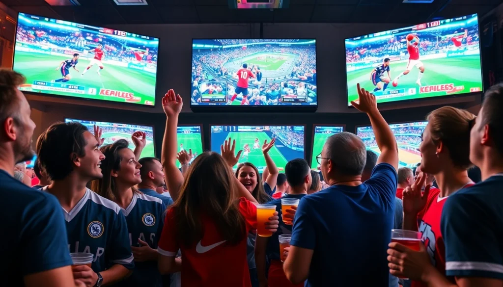 스포츠중계에 열중하고 있는 다양한 팬들이 함께 즐기는 모습