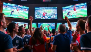 스포츠중계에 열중하고 있는 다양한 팬들이 함께 즐기는 모습