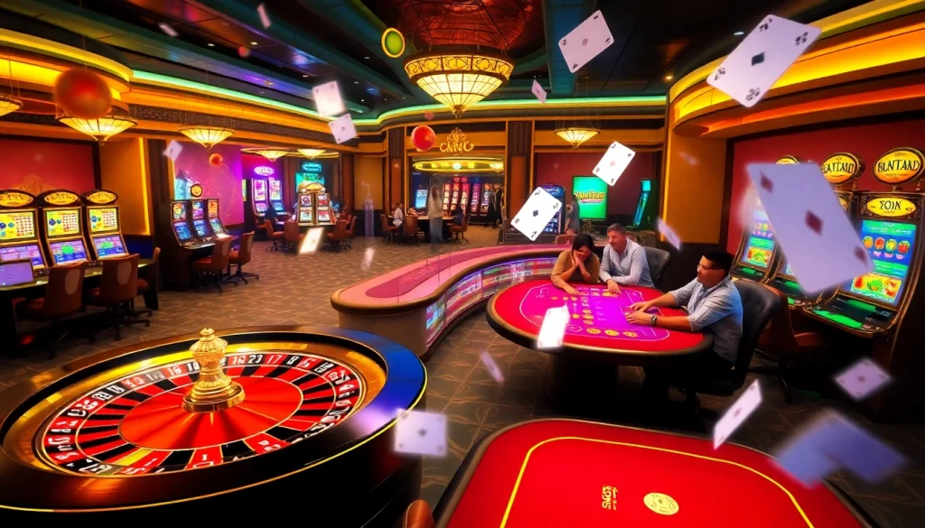 A lively casino scene portraying various gambling activities and the thrilling atmosphere of KJC AC 3.