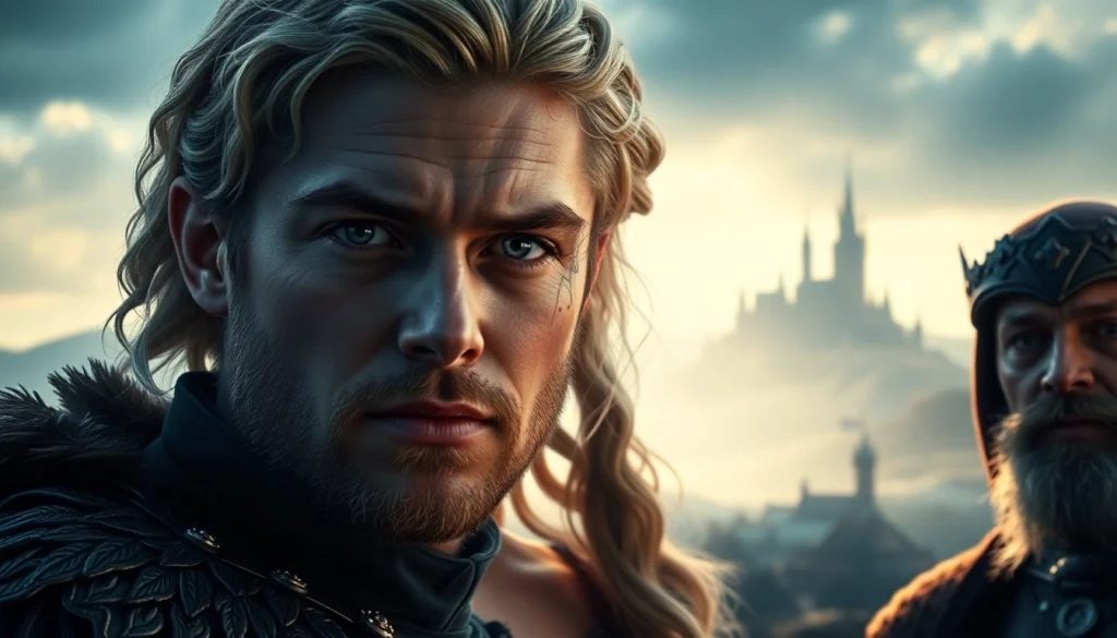 Portrait of the game of thrones cast representing iconic characters in a dramatic setting.