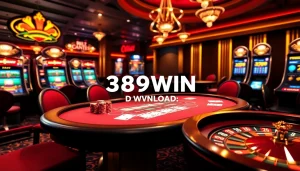 389WIN Download action at a vibrant casino table with poker chips and cards.