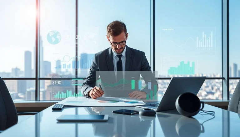 Visual representation of competitive intelligence analysis featuring data graphs and a professional analyst.