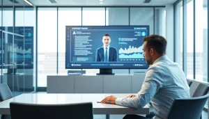 Candidate prepares for AI Interviews in a modern conference room with virtual AI technology.