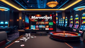 Marvelbet casino scene featuring lively gaming tables, poker chips, and modern slots.