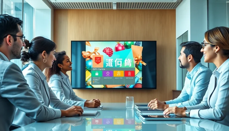 현대적인 사무실 환경에서 상품권카드 서비스에 대해 논의하는 비즈니스 전문가들