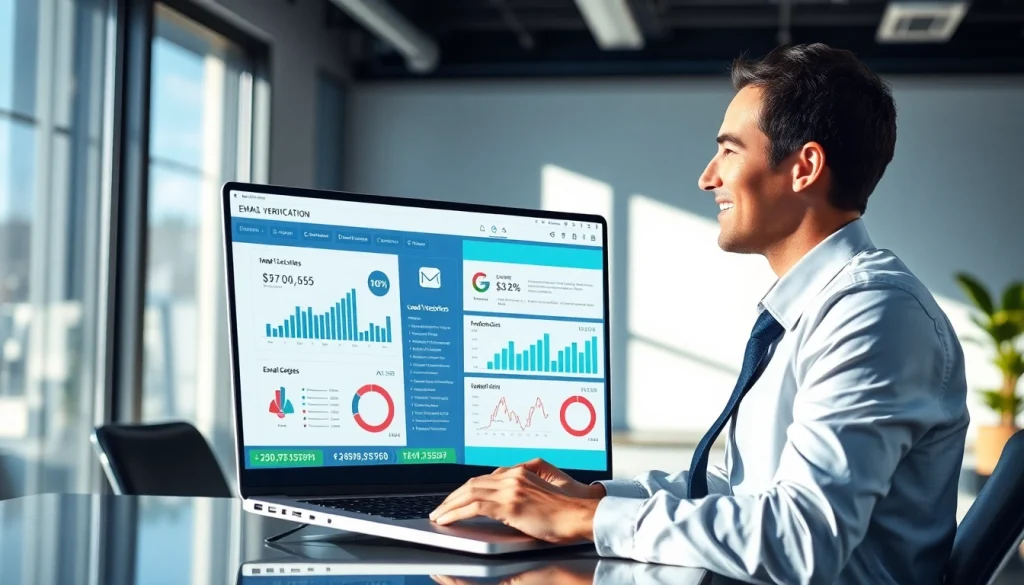 Online email verification dashboard displaying analytics in a modern office setting.