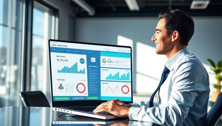 Online email verification dashboard displaying analytics in a modern office setting.