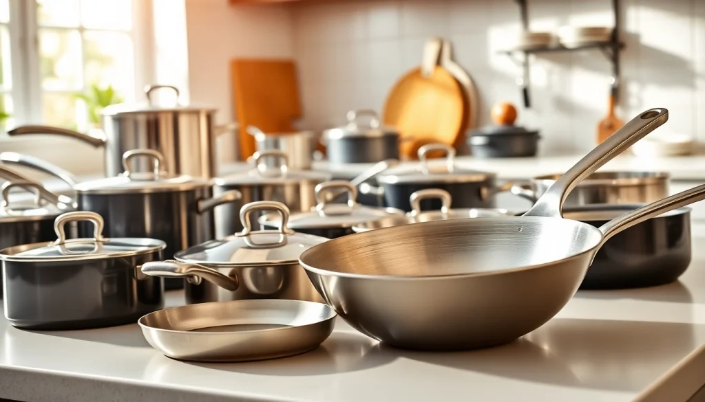 Shop high-quality cookware with stainless steel and non-stick options beautifully arranged.