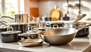 Shop high-quality cookware with stainless steel and non-stick options beautifully arranged.