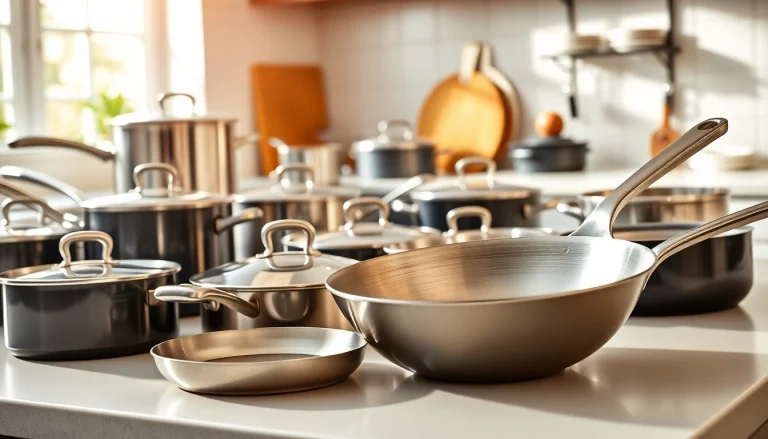 Shop high-quality cookware with stainless steel and non-stick options beautifully arranged.