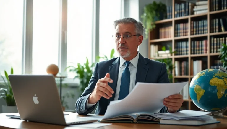 Environmental lawyer analyzing documents in a bright, modern office setting.
