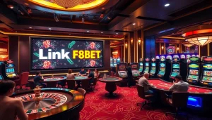 Engage with the thrilling atmosphere of Link F8BET at a luxurious casino featuring roulette and poker tables.