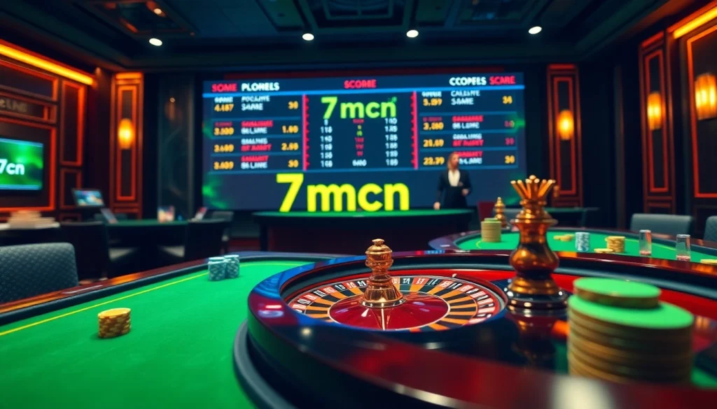 A dynamic online casino scene showcasing 7mcn with virtual tables and live scores, enhancing the gambling experience.