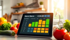 Calculate your daily macros easily with this macro calculator displayed in a vibrant kitchen.