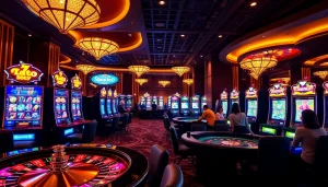 A player engaging with agen toto slot games at a luxurious casino, showcasing vibrant machines and rich decor.