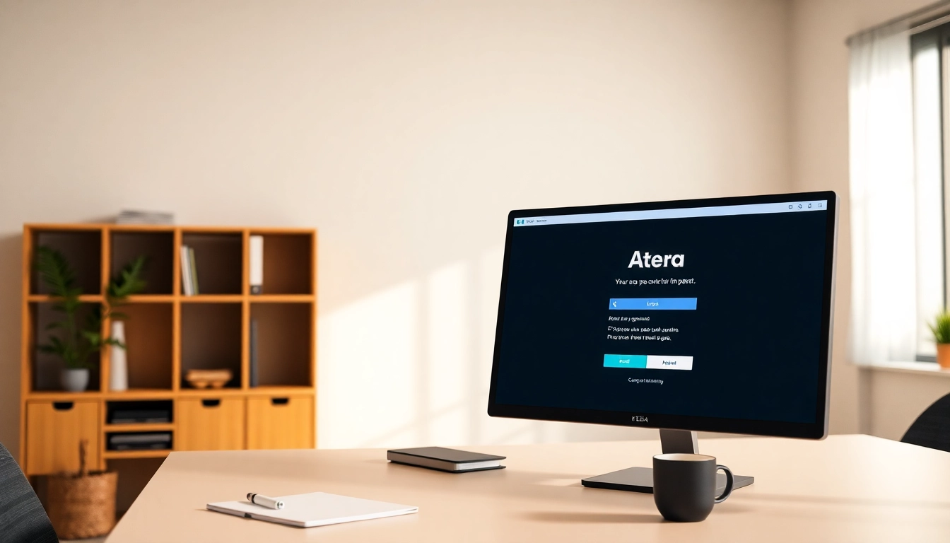 Access the Atera login screen from a modern office setup with focused light.