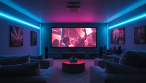 A cozy home theater featuring the latest filme noi on display, inviting viewers for a movie night experience.