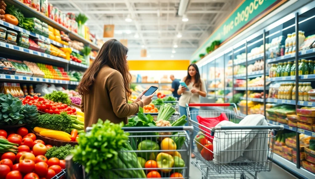 Fast shopping guide showcased in a vibrant grocery aisle filled with fresh produce and organized shopping carts.