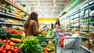 Fast shopping guide showcased in a vibrant grocery aisle filled with fresh produce and organized shopping carts.