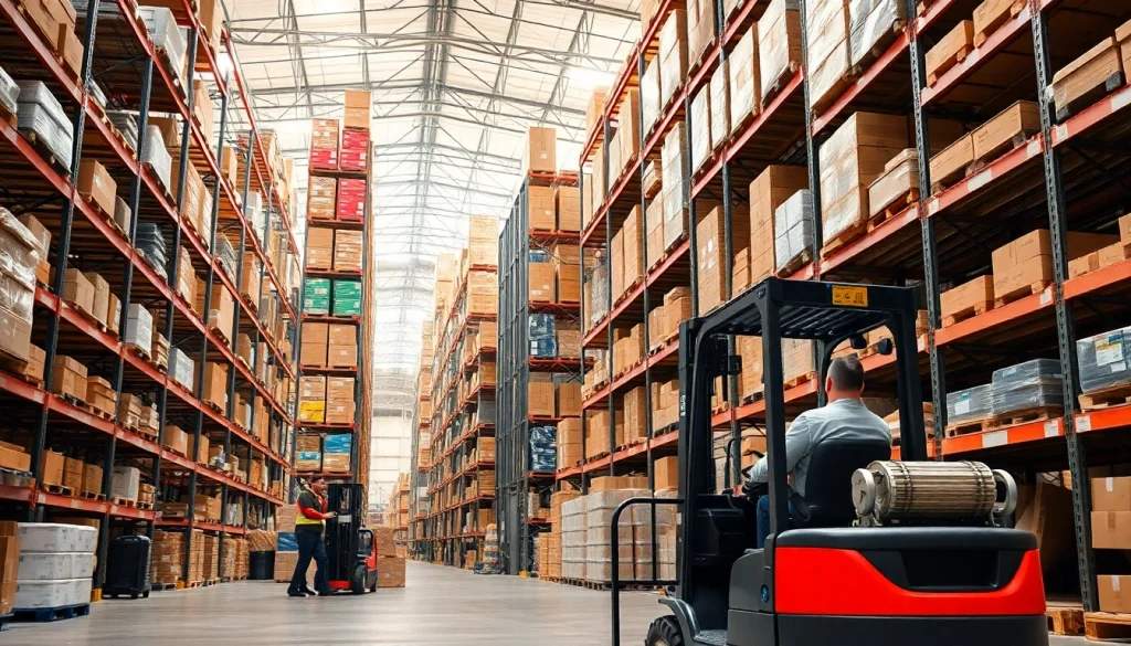 Warehouse scene showcasing organized storage racks and active workers managing inventory.