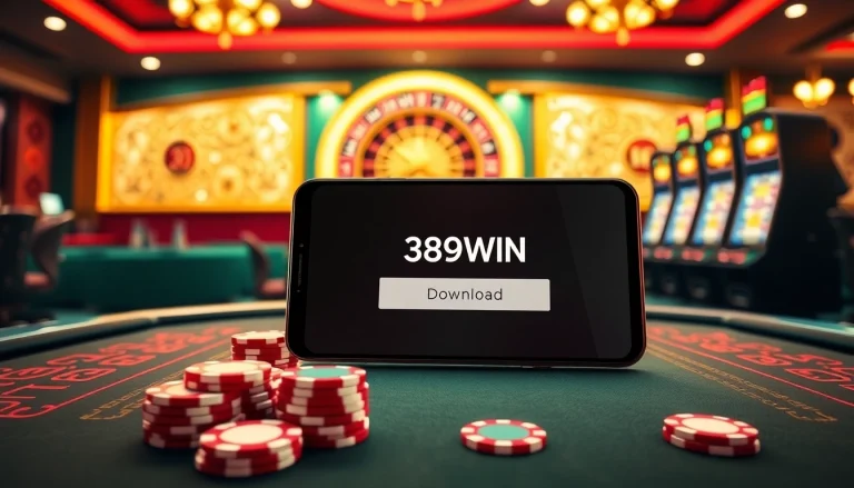 Experience the excitement of 389WIN Download with a luxurious casino gaming scene featuring poker tables and slot machines.